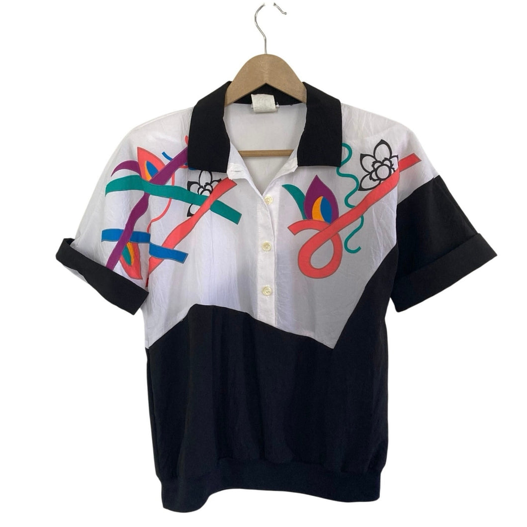 Funky 80s Black and white Polo Style Blouse