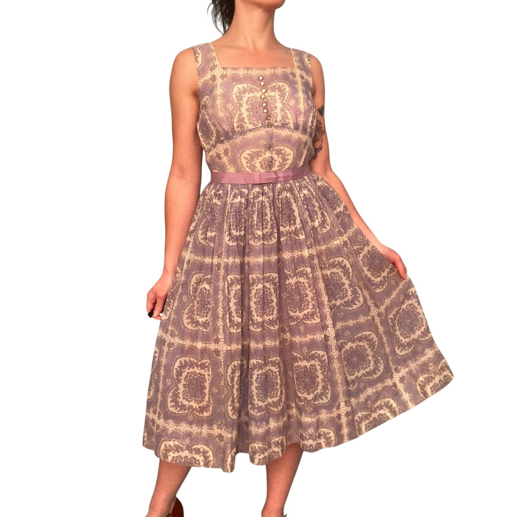 1950s Shirley Lee Purple Floral Fit and Flare Cocktail Dress