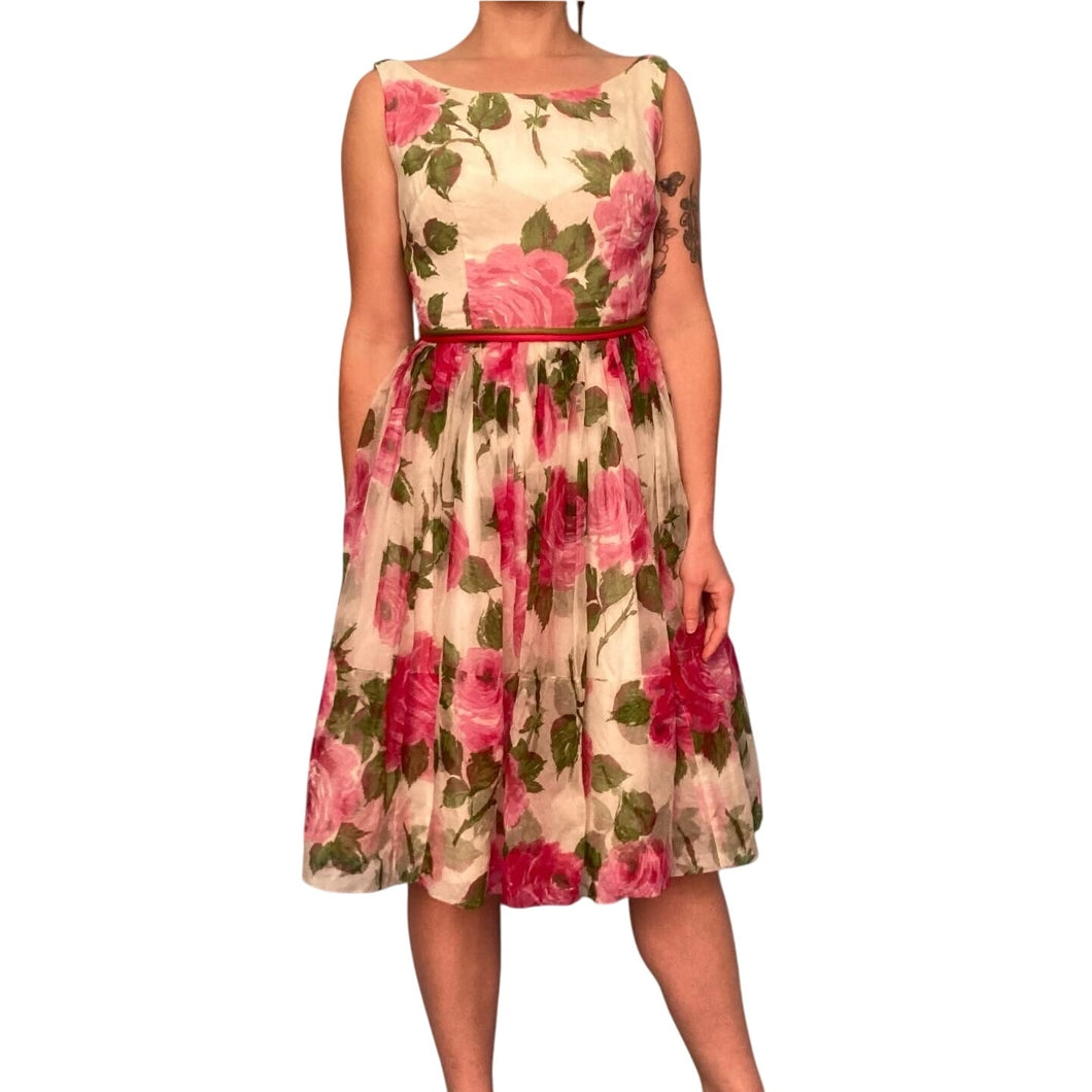 1950s Pink Floral Fit and Flare Cocktail Dress