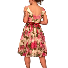 Load image into Gallery viewer, 1950s Pink Floral Fit and Flare Cocktail Dress

