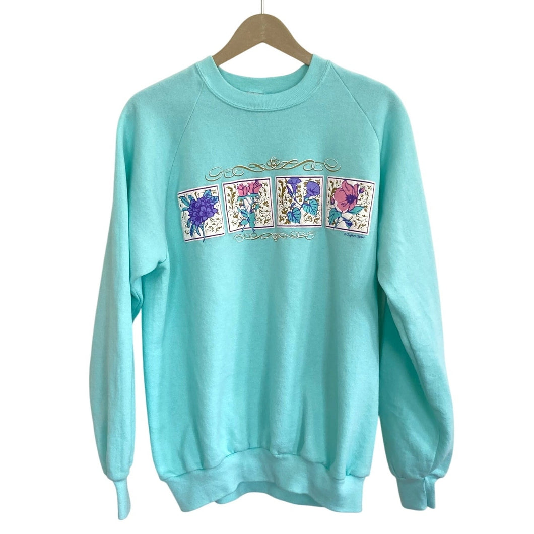 Vintage Gopher Sport Light Blue Floral Raglan Crew Neck Sweatshirt