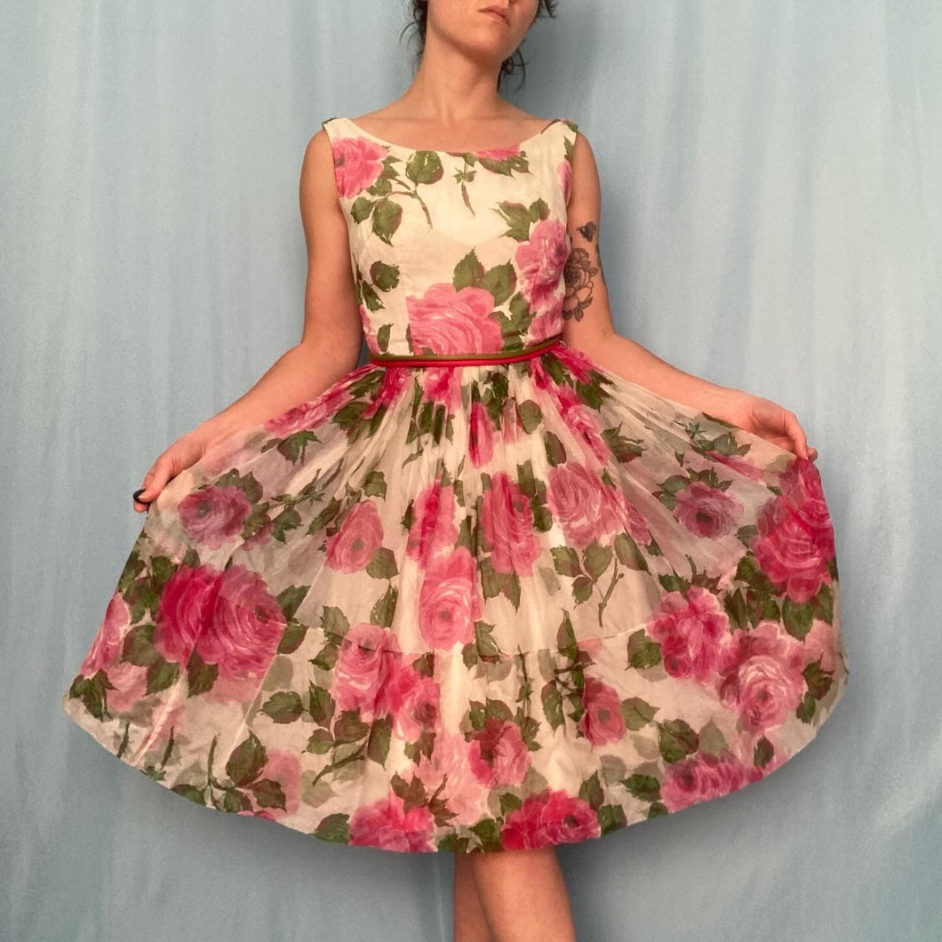 1950s Floral Fit and Flare Cocktail Dress