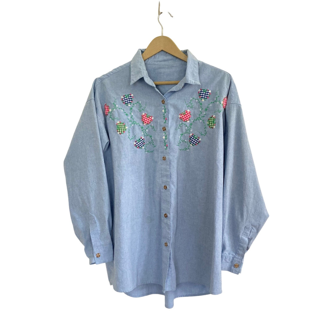 Vintage Flower and Heart Embroidered Chambray Shirt