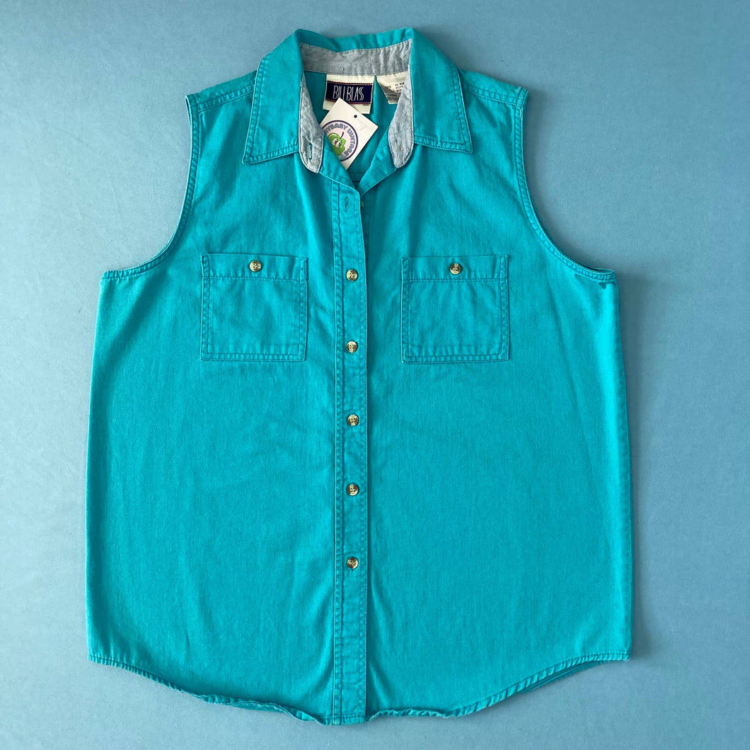 Vintage Turquoise Bill Blass Sleeveless Button Up Shirt