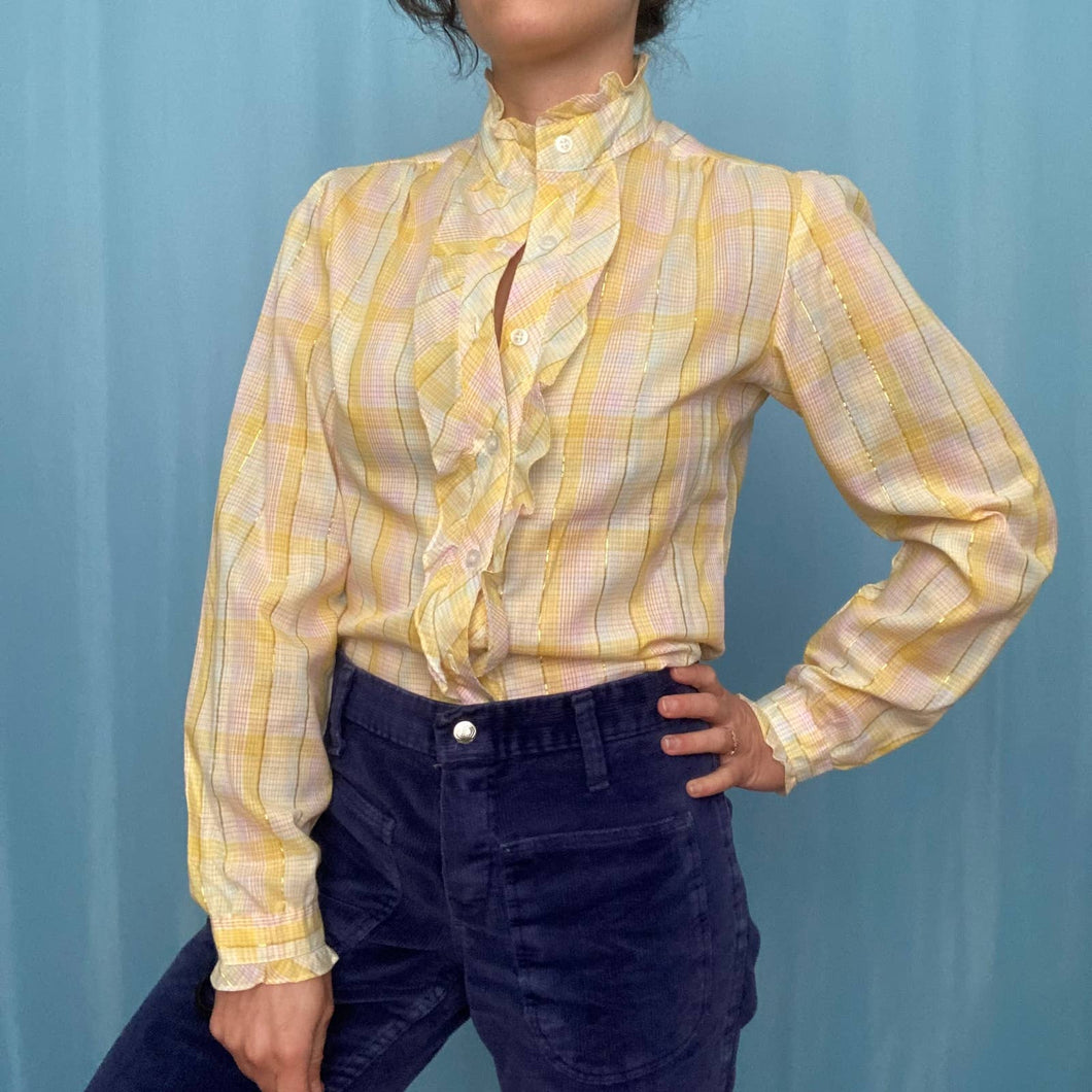 Vintage Yellow Ruffle Plaid Button Up Shirt